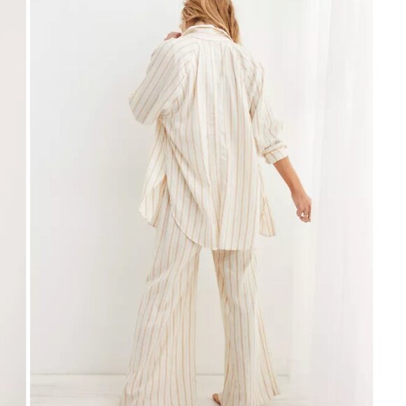 Linen Blend Oversized Button Down Shirt - Tan Vertical Stripes - Picture 5 of 11